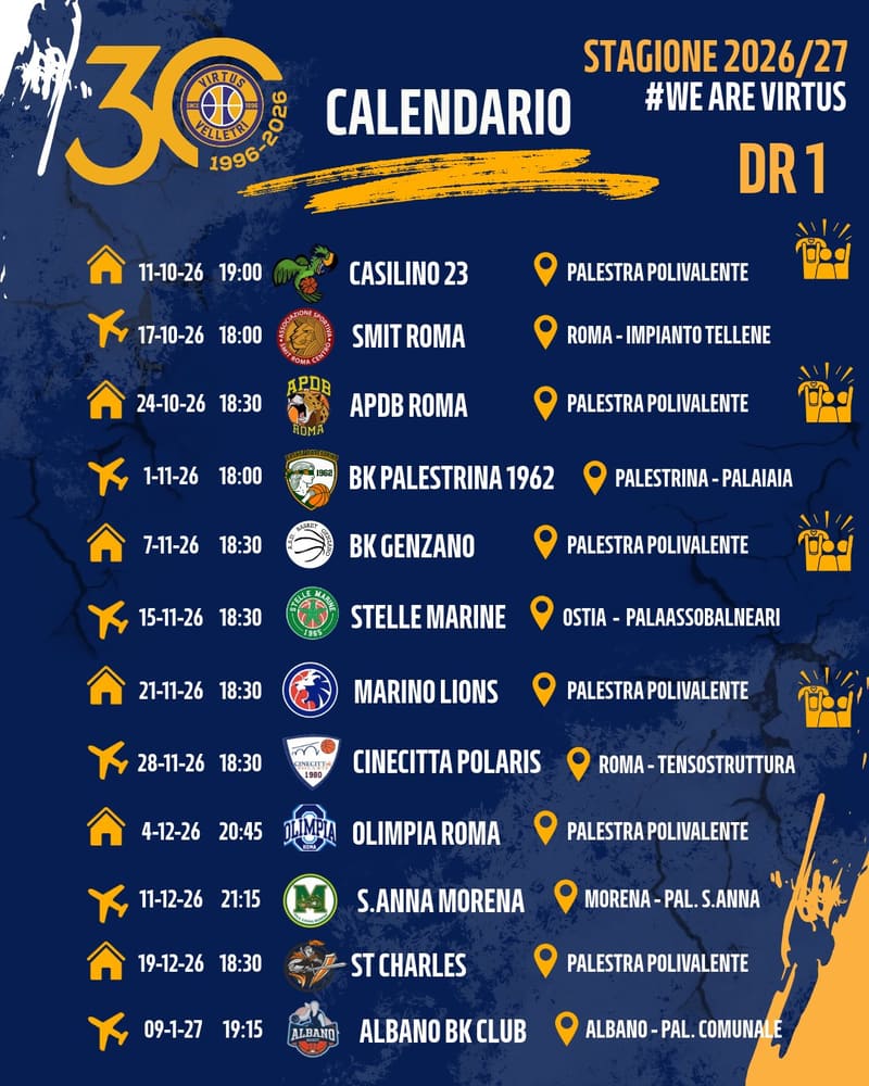 🏀 PRONTI A SOSTENERE LA NOSTRA SQUADRA? ECCO IL CALENDARIO COMPLETO DR1 2026/27! 🏀 La stagione sta per cominciare e abbiamo bisogno del vo